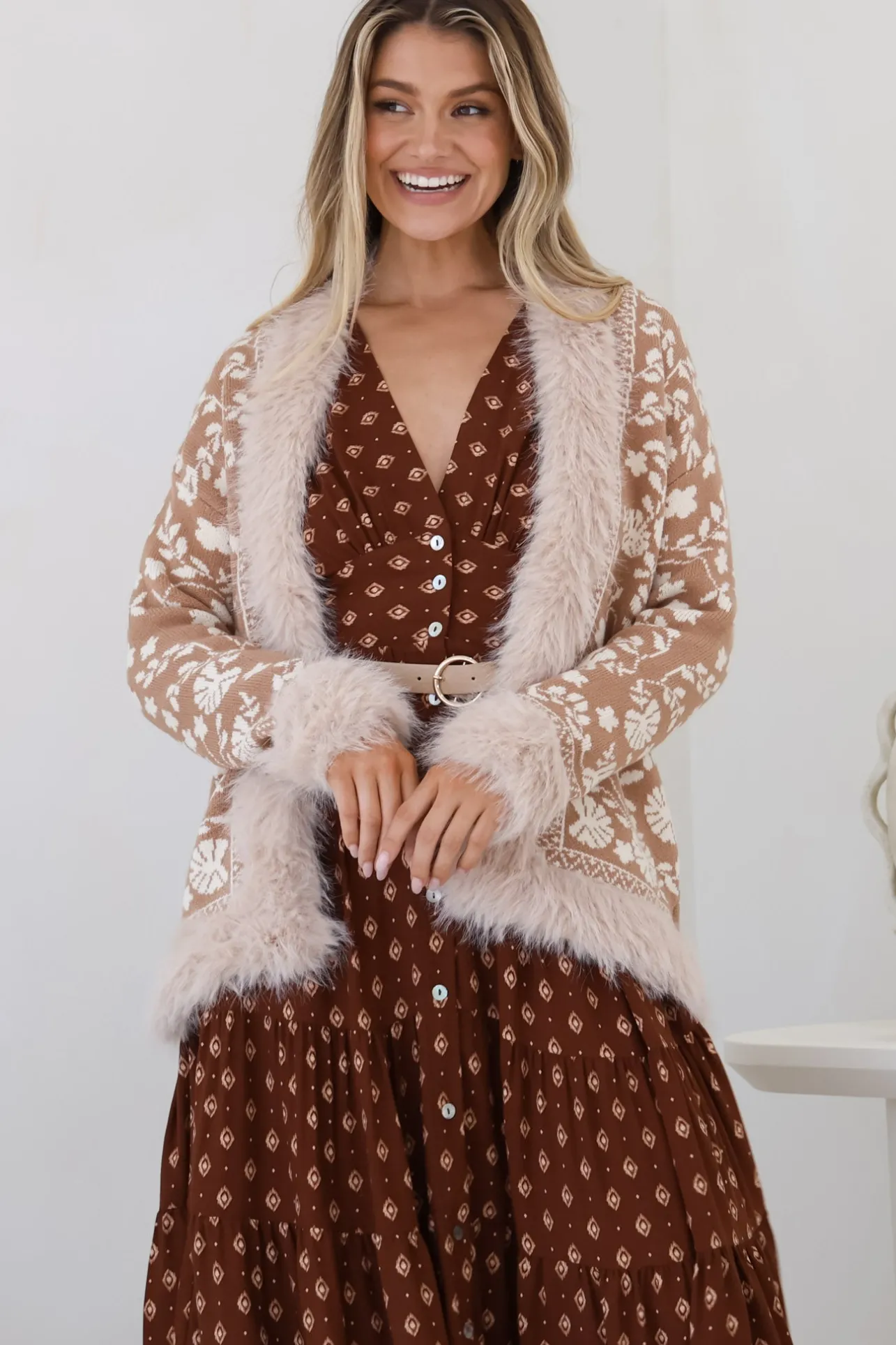 Wolfe Jacket - Faux Fur Trim Open Knit Jacket in Camel>Salty Crush Clearance