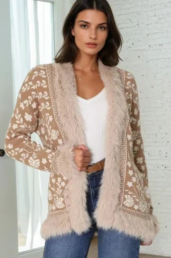 Wolfe Jacket - Faux Fur Trim Open Knit Jacket in Camel><noscript><img width=