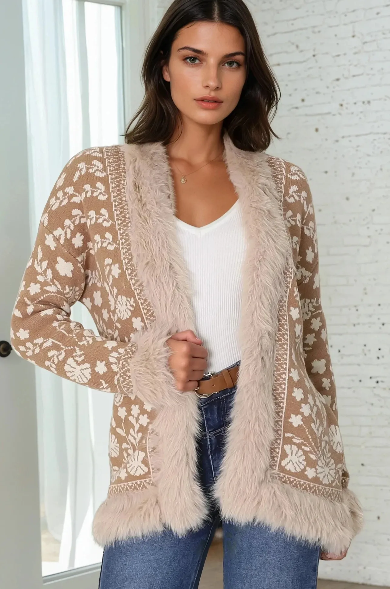 Wolfe Jacket - Faux Fur Trim Open Knit Jacket in Camel>Salty Crush Clearance