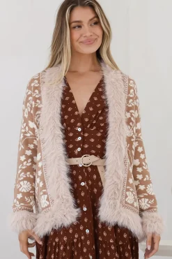 Wolfe Jacket - Faux Fur Trim Open Knit Jacket in Camel><noscript><img width=