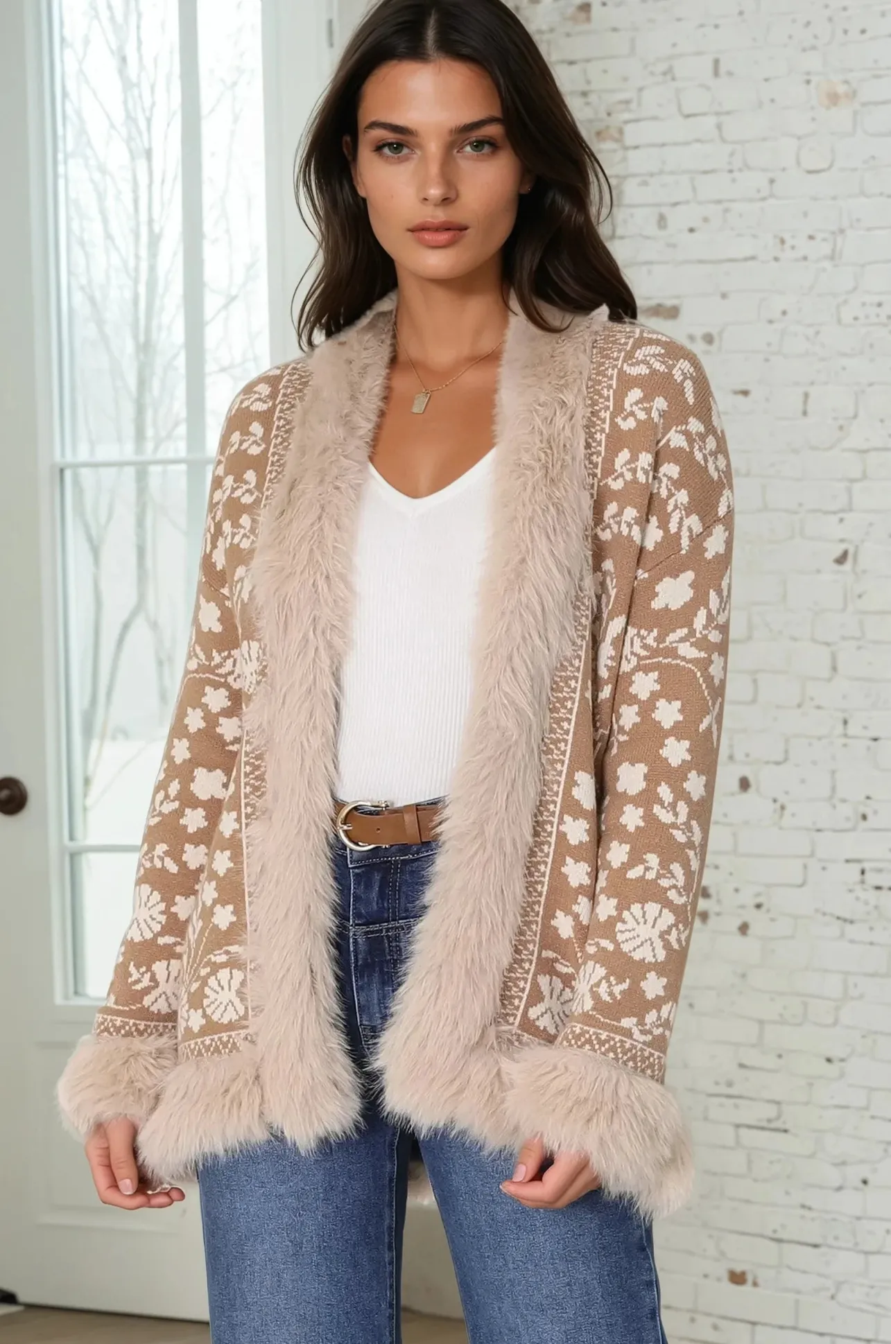Wolfe Jacket - Faux Fur Trim Open Knit Jacket in Camel>Salty Crush Clearance