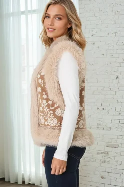 Wolfe Knit Vest - Faux Fur Trim Open Vest in Camel><noscript><img width=
