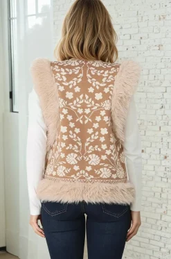 Wolfe Knit Vest - Faux Fur Trim Open Vest in Camel><noscript><img width=