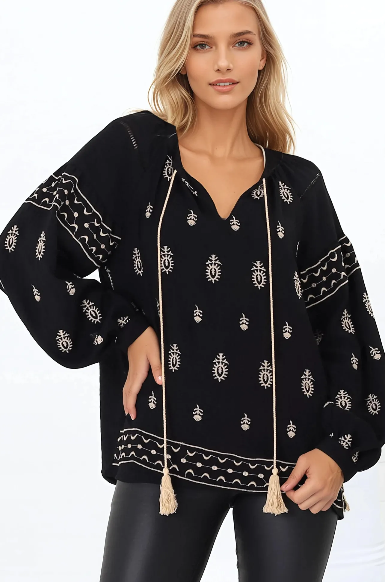Wrenlow Blouse - Embroidery Mandarin Collar with Neck Tie Pull Over Blouse in Black>Salty Crush Best