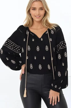 Wrenlow Blouse - Embroidery Mandarin Collar with Neck Tie Pull Over Blouse in Black><noscript><img width=