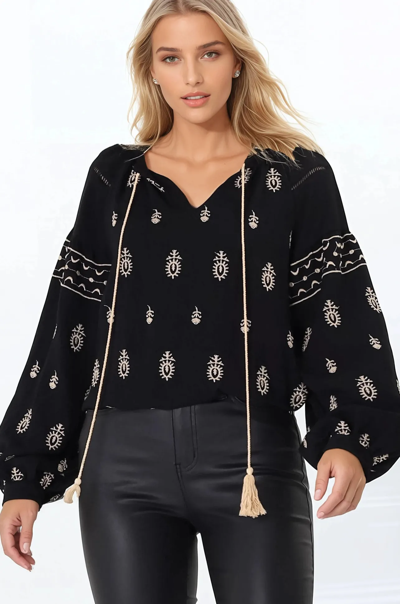 Wrenlow Blouse - Embroidery Mandarin Collar with Neck Tie Pull Over Blouse in Black>Salty Crush Best