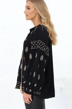 Wrenlow Blouse - Embroidery Mandarin Collar with Neck Tie Pull Over Blouse in Black><noscript><img width=