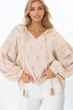 Wrenlow Blouse - Embroidery Mandarin Collar with Neck Tie Pull Over Blouse in Beige><noscript><img width=