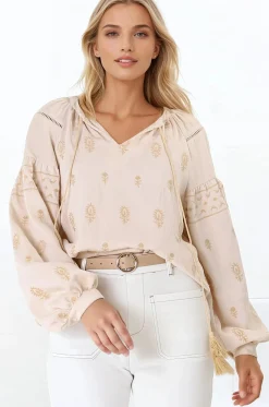 Wrenlow Blouse - Embroidery Mandarin Collar with Neck Tie Pull Over Blouse in Beige><noscript><img width=