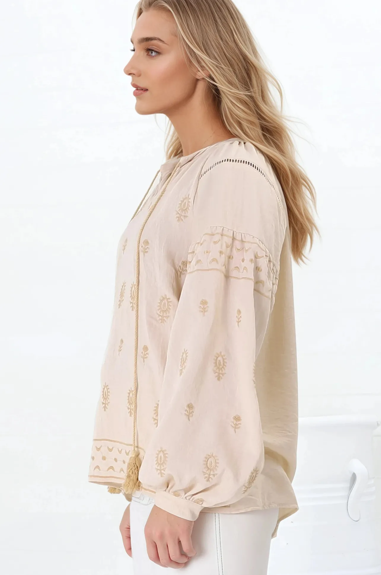 Wrenlow Blouse - Embroidery Mandarin Collar with Neck Tie Pull Over Blouse in Beige>Salty Crush Online
