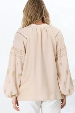 Wrenlow Blouse - Embroidery Mandarin Collar with Neck Tie Pull Over Blouse in Beige><noscript><img width=