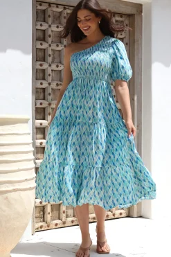 Xanthi Midi Dress - One Shoulder Elasticated Bodice Tiered Dress in Pasha Print>Salty Crush Discount