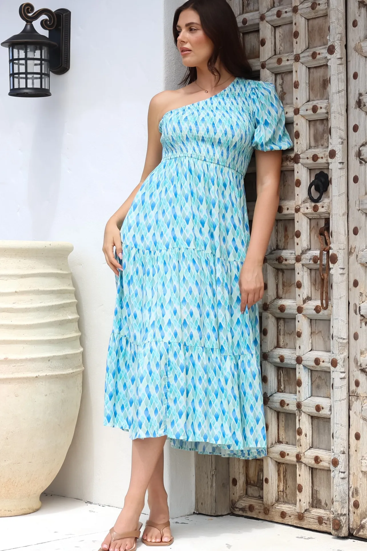 Xanthi Midi Dress - One Shoulder Elasticated Bodice Tiered Dress in Pasha Print>Salty Crush Discount