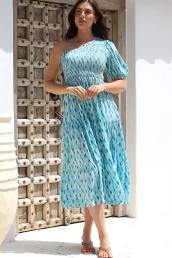 Xanthi Midi Dress - One Shoulder Elasticated Bodice Tiered Dress in Pasha Print><noscript><img width=