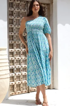 Xanthi Midi Dress - One Shoulder Elasticated Bodice Tiered Dress in Pasha Print><noscript><img width=
