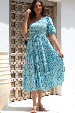Xanthi Midi Dress - One Shoulder Elasticated Bodice Tiered Dress in Pasha Print><noscript><img width=
