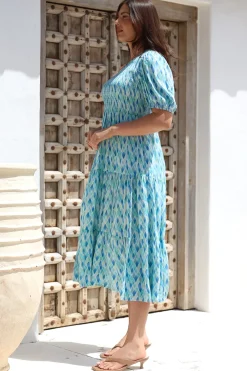 Xanthi Midi Dress - One Shoulder Elasticated Bodice Tiered Dress in Pasha Print><noscript><img width=