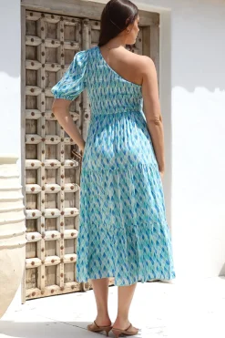 Xanthi Midi Dress - One Shoulder Elasticated Bodice Tiered Dress in Pasha Print><noscript><img width=