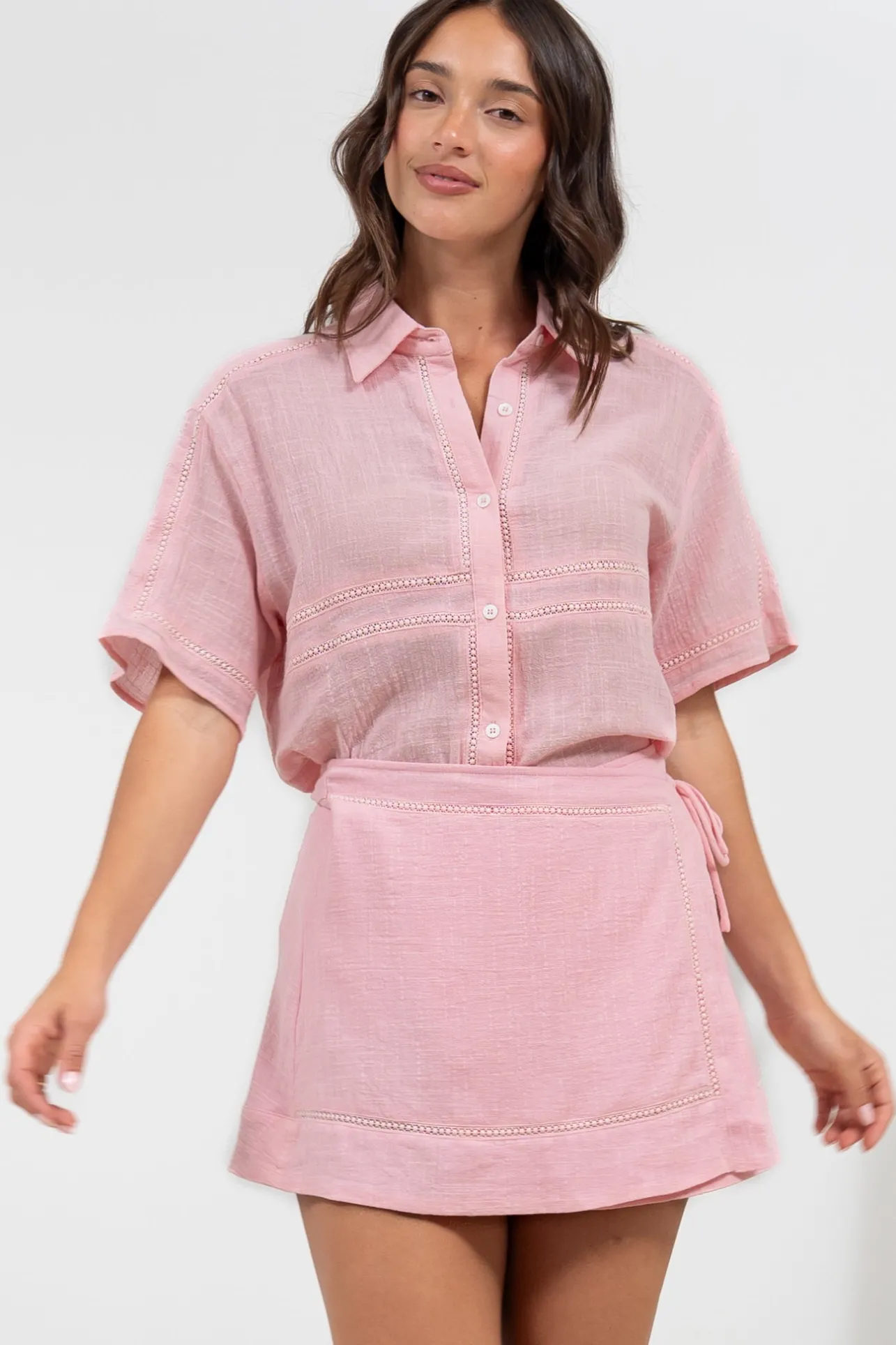 Xara Mini Skirt - High Waisted True Wrap Skirt in Pink>Salty Crush New