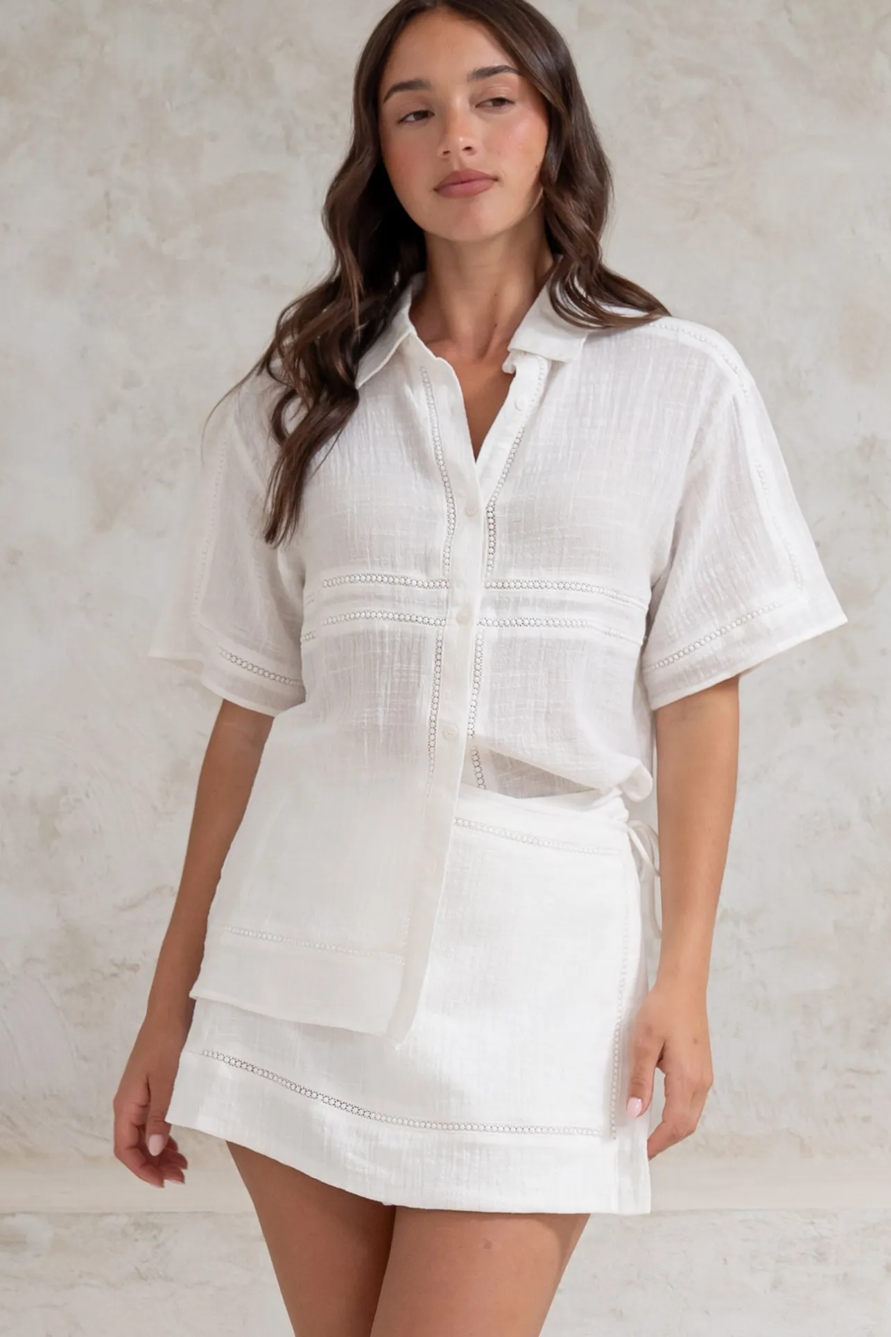 Xara Mini Skirt - High Waisted True Wrap Skirt in White>Salty Crush Online