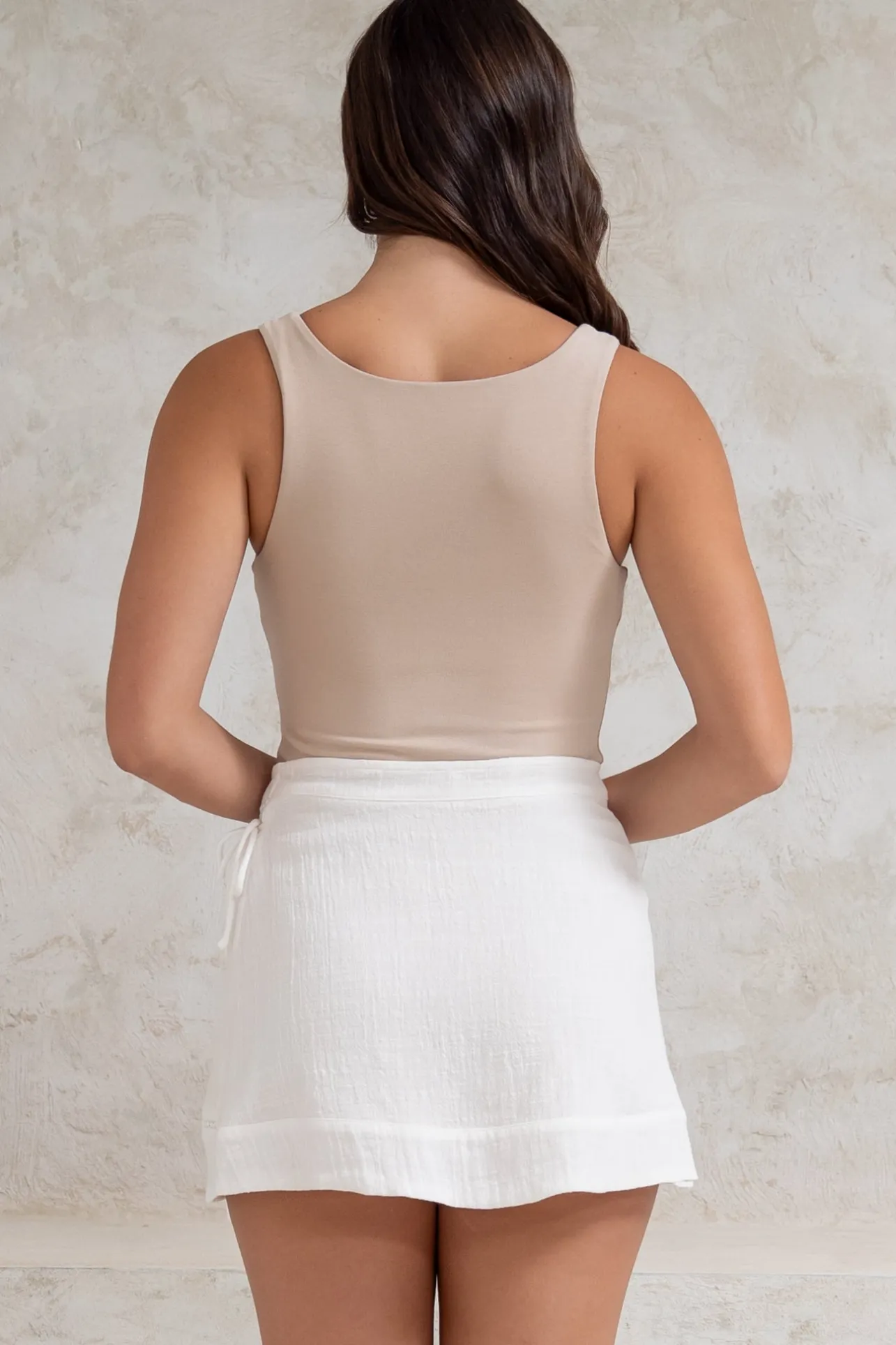 Xara Mini Skirt - High Waisted True Wrap Skirt in White>Salty Crush Online