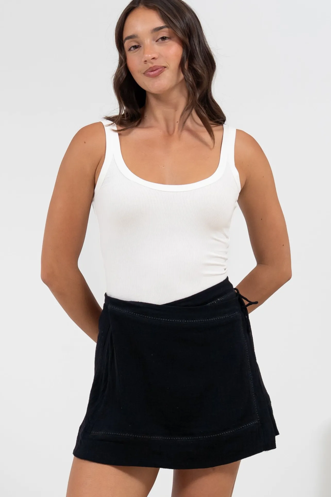 Xara Mini Skirt - High Waisted True Wrap Skirt in Black>Salty Crush Clearance