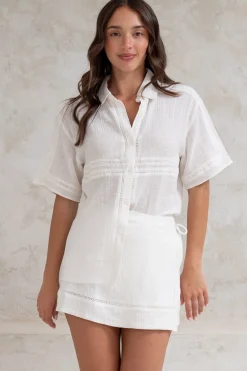 Xara Shirt - Collared Button Down with Lace Detailing in White>Salty Crush Best