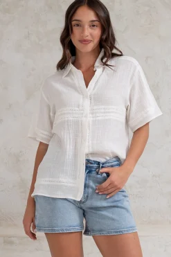Xara Shirt - Collared Button Down with Lace Detailing in White><noscript><img width=