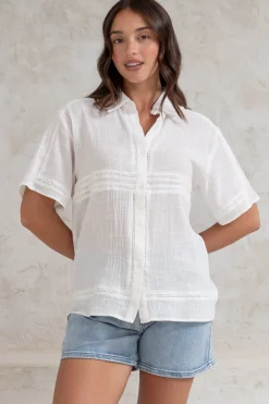 Xara Shirt - Collared Button Down with Lace Detailing in White><noscript><img width=
