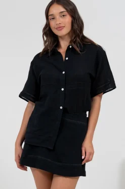 Xara Shirt - Collared Button Down with Lace Detailing in Black>Salty Crush Online