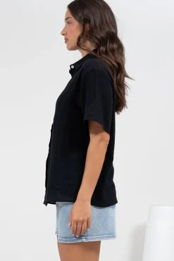 Xara Shirt - Collared Button Down with Lace Detailing in Black><noscript><img width=