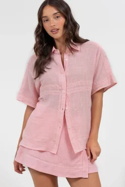 Xara Shirt - Collared Button Down with Lace Detailing in Pink>Salty Crush