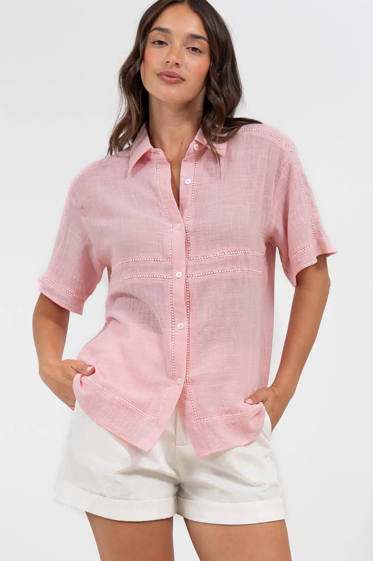 Xara Shirt - Collared Button Down with Lace Detailing in Pink>Salty Crush