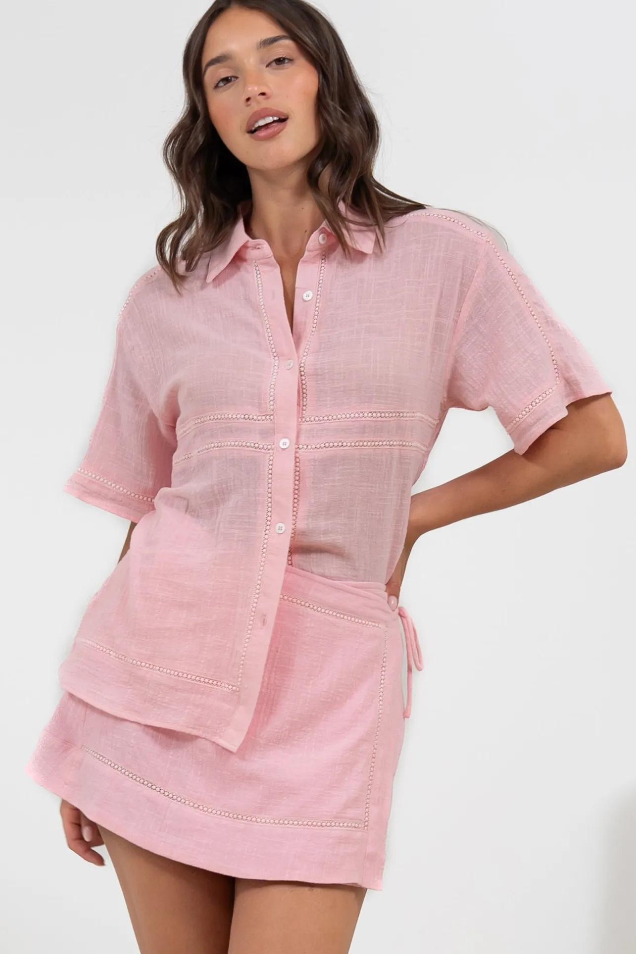 Xara Shirt - Collared Button Down with Lace Detailing in Pink>Salty Crush
