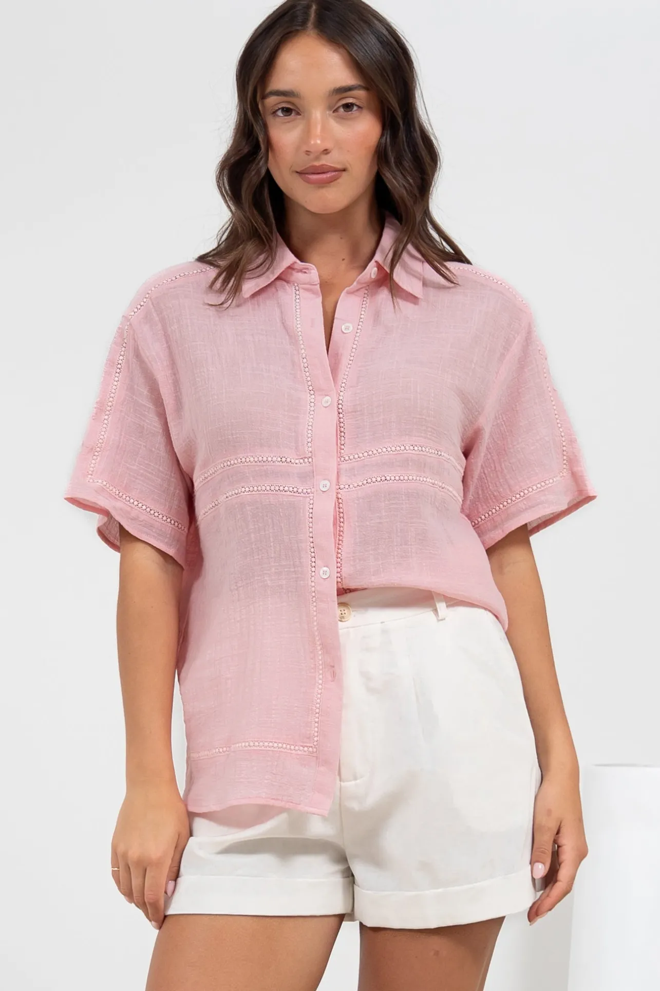 Xara Shirt - Collared Button Down with Lace Detailing in Pink>Salty Crush