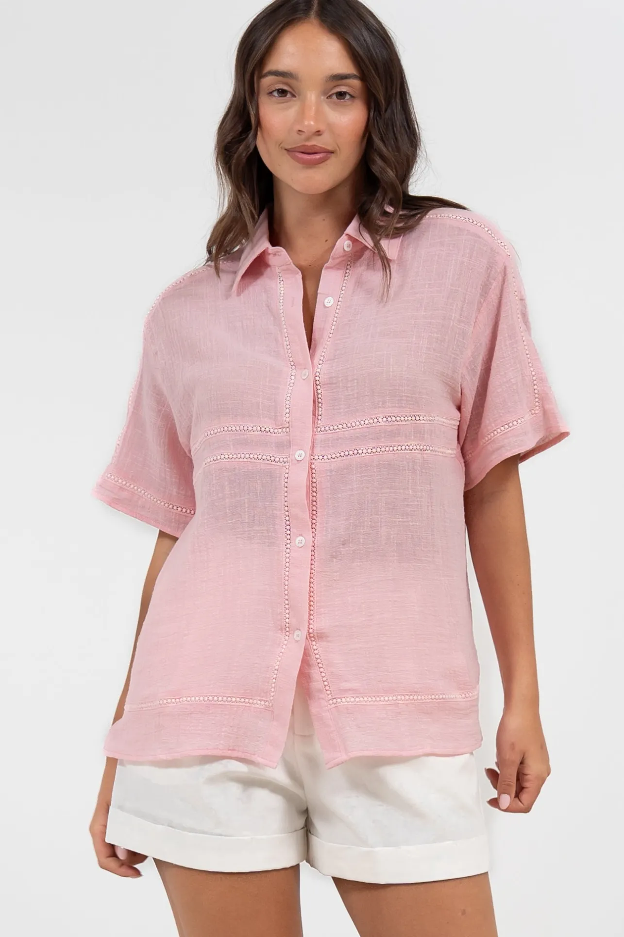 Xara Shirt - Collared Button Down with Lace Detailing in Pink>Salty Crush