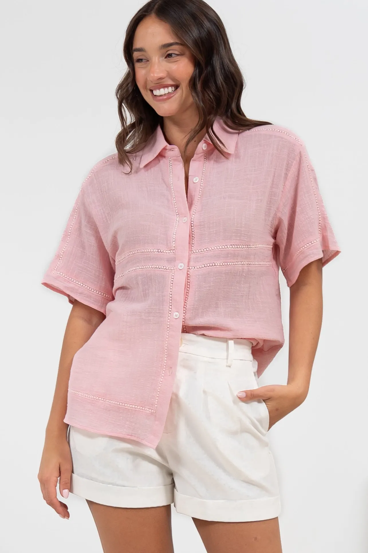 Xara Shirt - Collared Button Down with Lace Detailing in Pink>Salty Crush