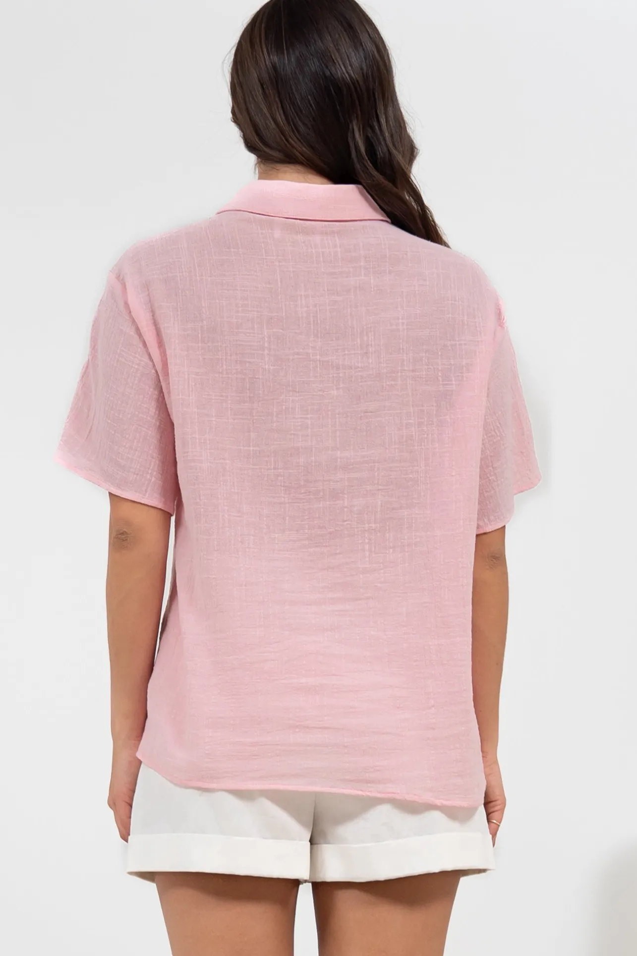 Xara Shirt - Collared Button Down with Lace Detailing in Pink>Salty Crush