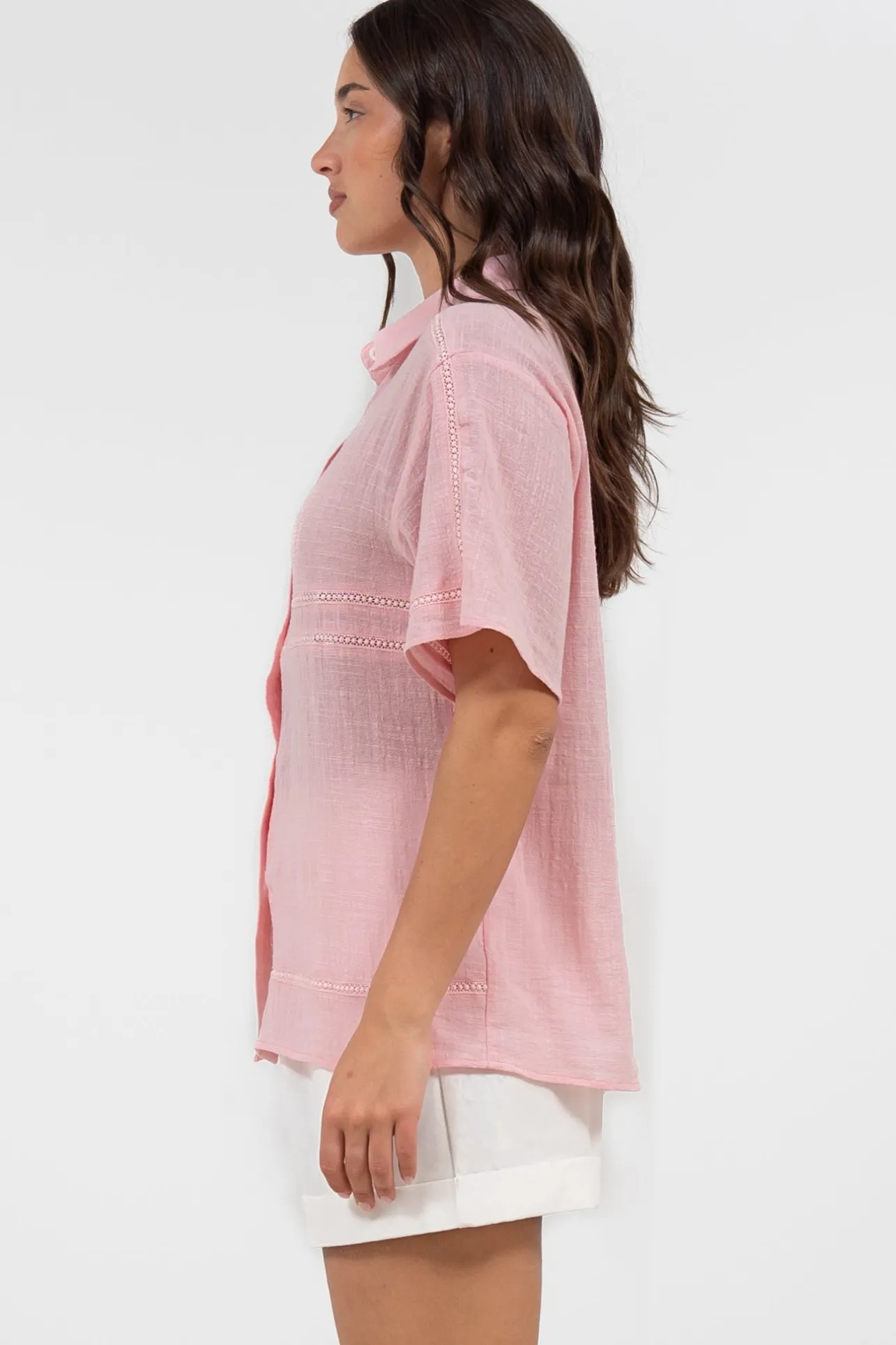 Xara Shirt - Collared Button Down with Lace Detailing in Pink>Salty Crush