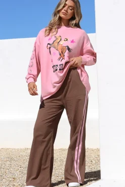 Yee-Haw Set - Graphic Long Sleeve Top and Pants with Stripe Accent in Pink><noscript><img width=