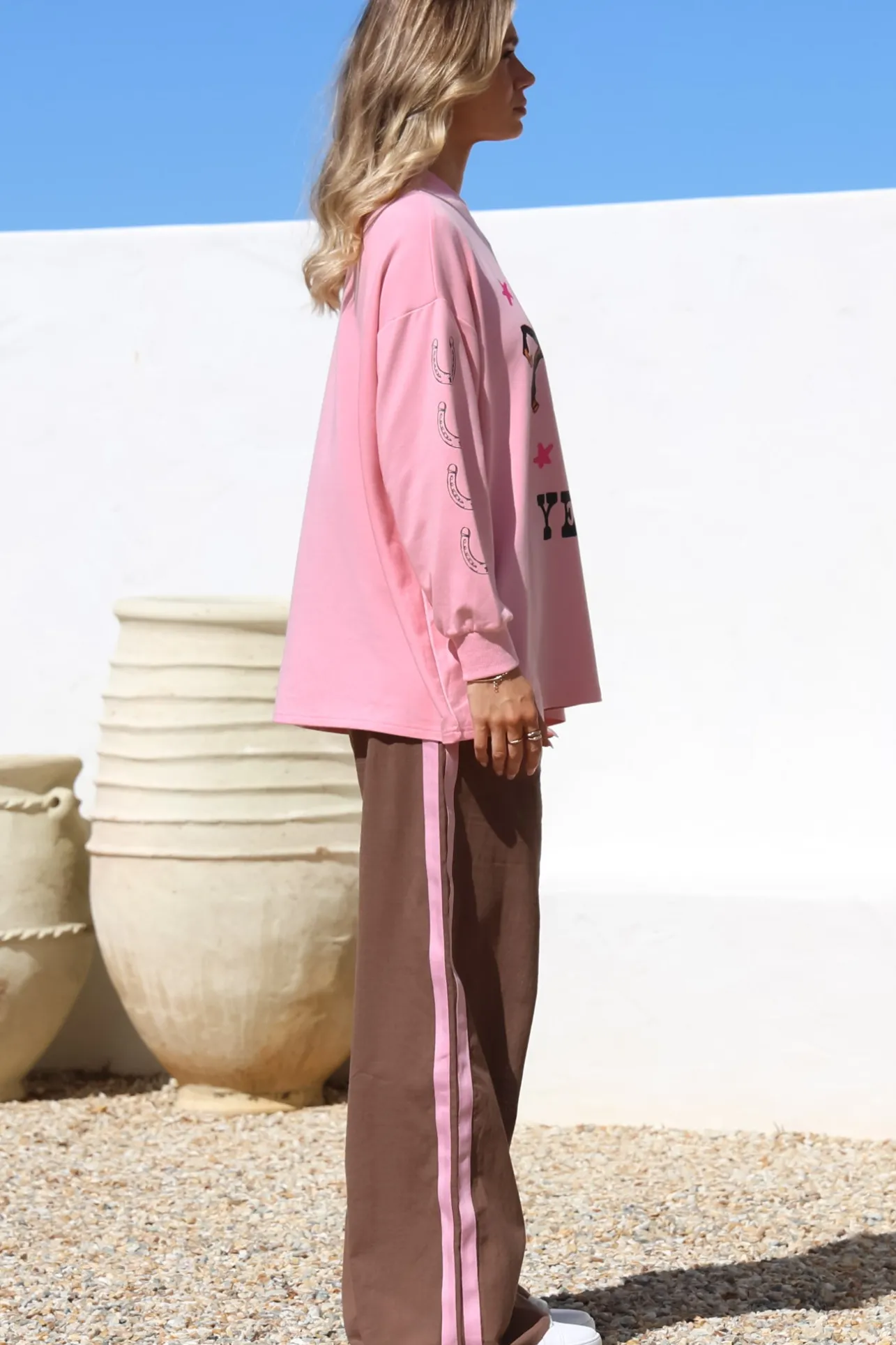 Yee-Haw Set - Graphic Long Sleeve Top and Pants with Stripe Accent in Pink>Salty Crush New