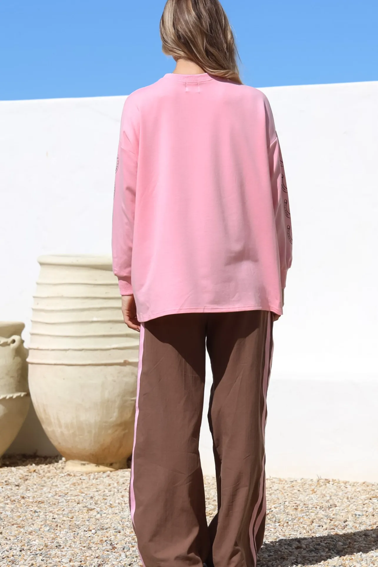 Yee-Haw Set - Graphic Long Sleeve Top and Pants with Stripe Accent in Pink>Salty Crush New