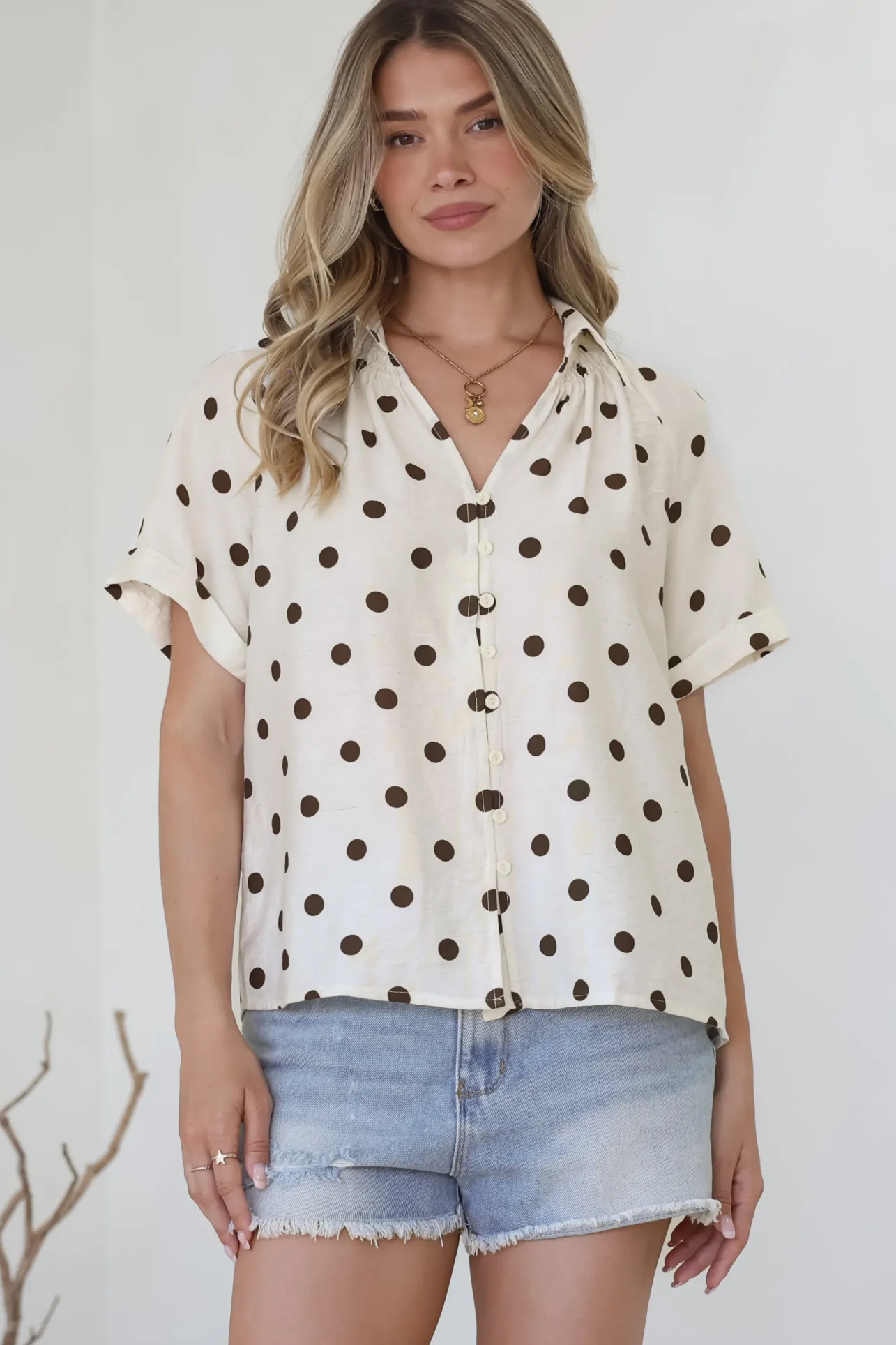 Yohanna Blouse - Collared Button Down in Pacey Spot Coffee>Salty Crush New