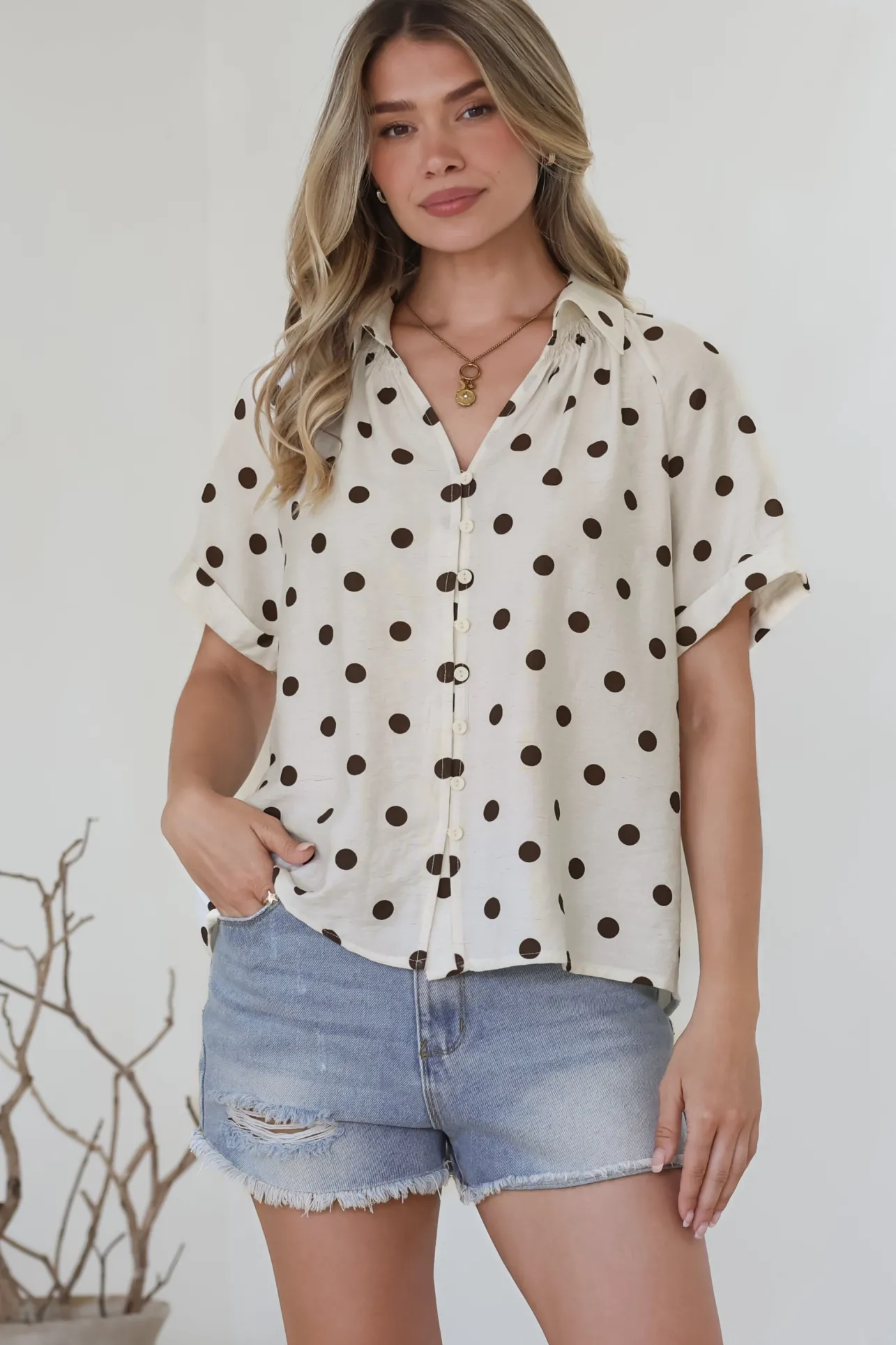 Yohanna Blouse - Collared Button Down in Pacey Spot Coffee>Salty Crush New
