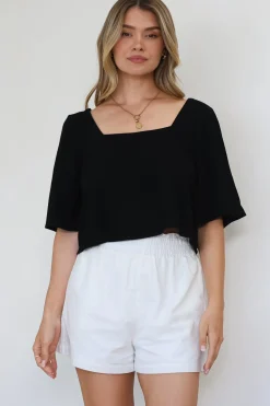 Zali Top - Square Neckline Crop with Short Airy Sleeves in Black><noscript><img width=