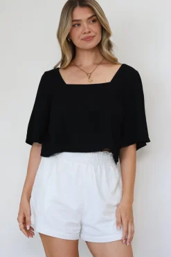 Zali Top - Square Neckline Crop with Short Airy Sleeves in Black><noscript><img width=