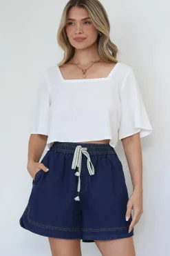 Zali Top - Square Neckline Crop with Short Airy Sleeves in White>Salty Crush