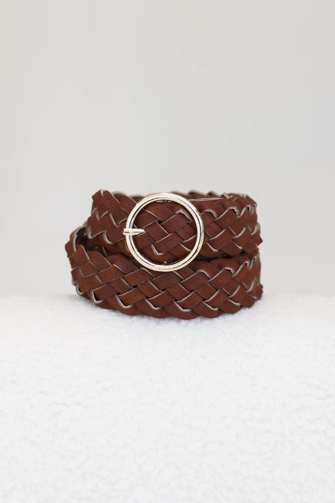 Zane PU Leather Braided Gold Buckle Belt - Brown>Salty Crush