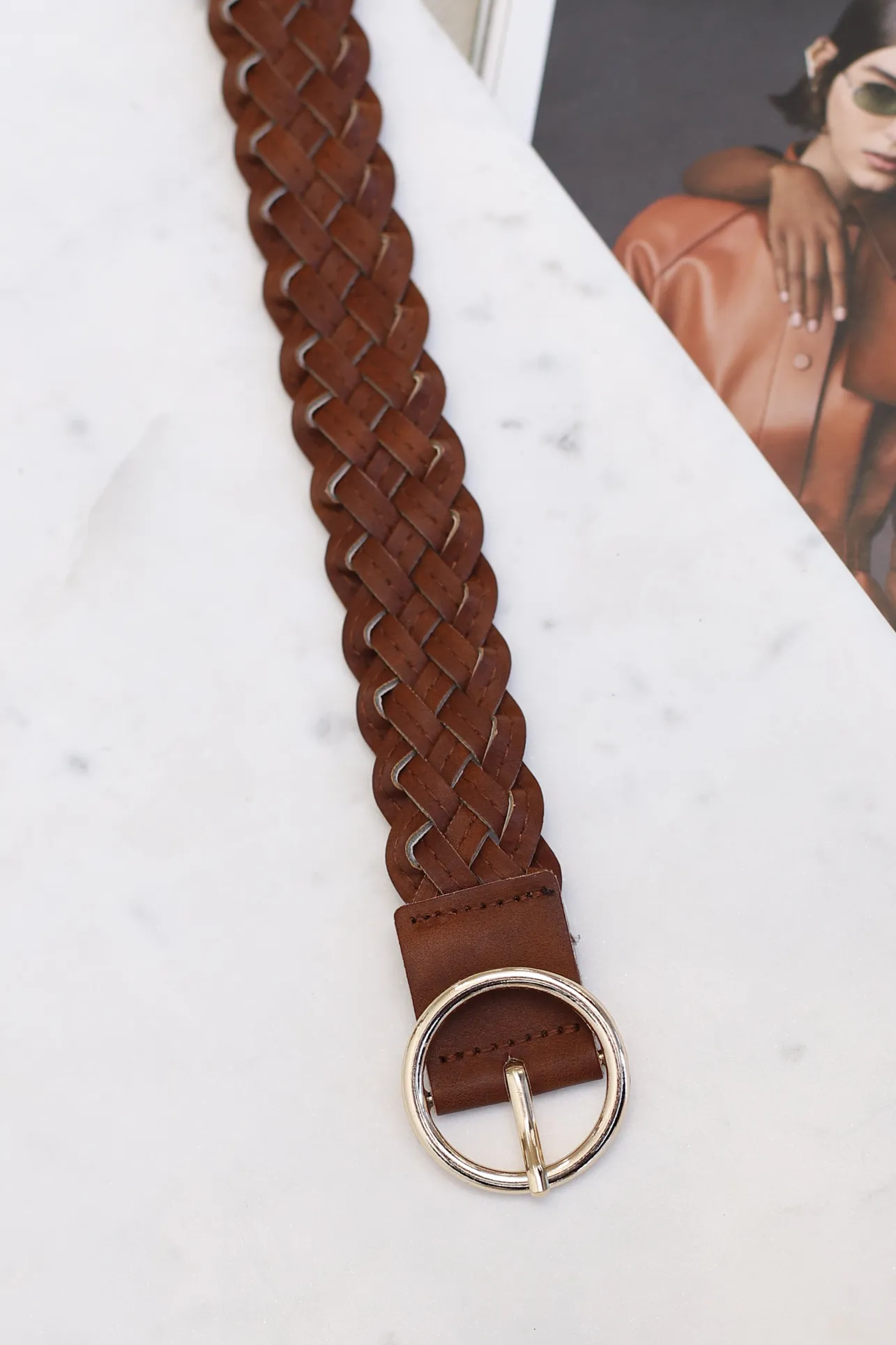 Zane PU Leather Braided Gold Buckle Belt - Brown>Salty Crush