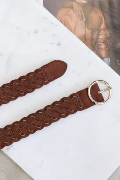 Zane PU Leather Braided Gold Buckle Belt - Brown><noscript><img width=